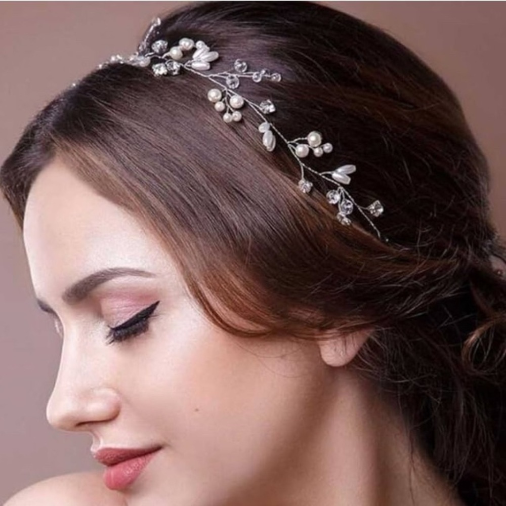 NWT Bridal Hair Vine Flexible Accessory Silver Tone Wire Faux Pearls & Crystals